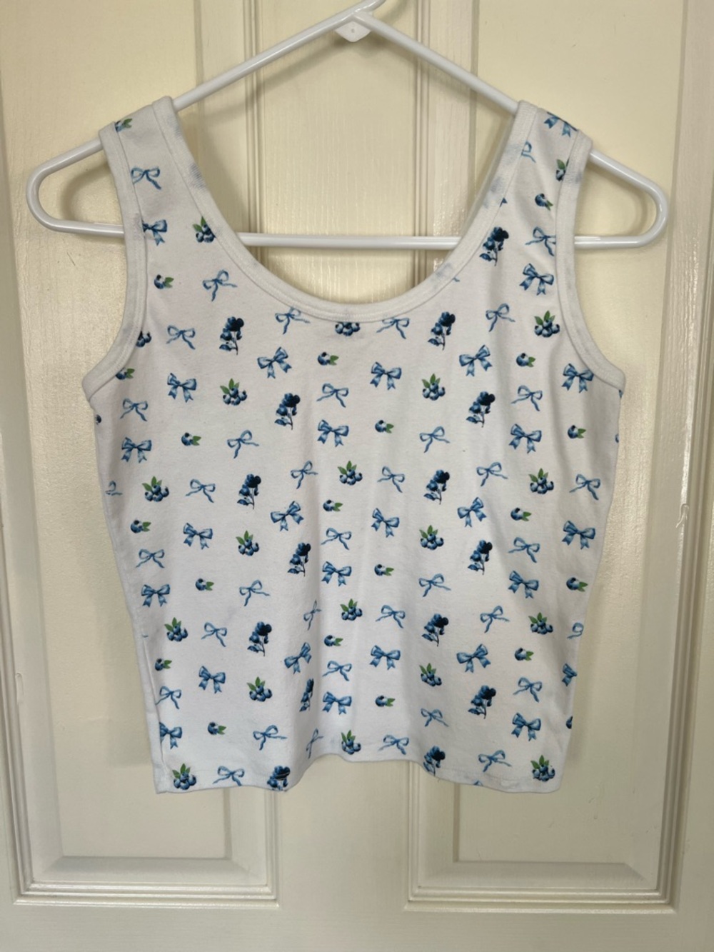 Obsessive Love Tank Top XL White Blue Bow Floral Print Cotton Y2K